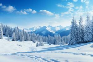 AI generated Winter forest with mountain, pine tree and snow. Christmas, new year, winter background. Copy space photo