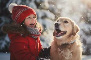 AI generated Kid dressed in a winter clothes having fun playing snow with dog. Winter, outdoors leisure concept photo