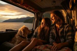 ai generado Pareja y perro disfrutar ellos vacaciones con hermosa paisaje ver en camper camioneta. la carretera viaje, fiesta foto