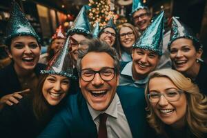 ai generado grupo de alegre colega disfrutando un fiesta en oficina. nuevo año fiesta, celebracion concepto foto