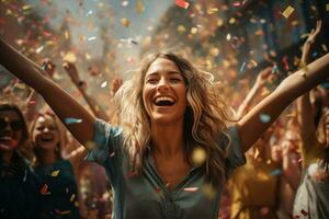 AI generated Group of friends enjoy celebrating carnival party. Selective focus of woman with colorful confetti photo