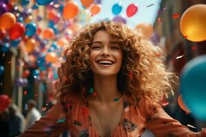 AI generated Emotional girl celebrating carnival party with colorful balloons and confetti on road in the city photo