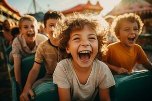 ai generado adorable contento niños en un diversión parque paseos un caballo en un carrusel en el verano foto