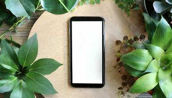 AI Generated a cell phone mock-up on a tabletop surrounded by houseplants in flower pots photo