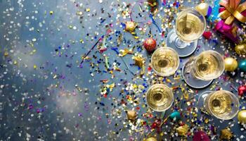 AI Generated Top view of a tabletop with lots of confetti champagne glasses. Party atmosphere, New Year's Eve photo