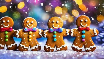 AI Generated colorful gingerbread men stand next to each other in the snow with glittering bokeh photo