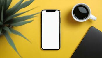 AI Generated Top view of a yellow work surface with mockup mobile, plant and coffee photo