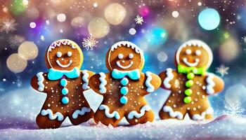 AI Generated colorful gingerbread men stand next to each other in the snow with glittering bokeh photo