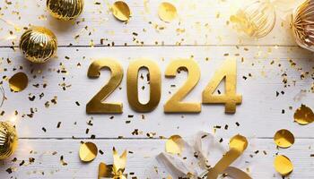 AI generated topview of golden numbers of the year 2024 lying on a white rustic wooden table photo