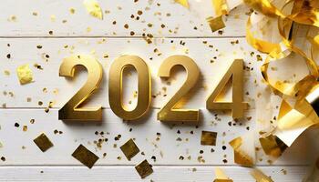 AI generated topview of golden numbers of the year 2024 lying on a white rustic wooden table photo