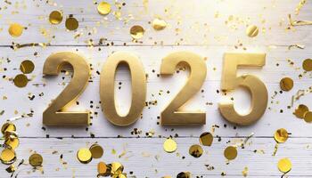 ai generado vista superior de dorado números de el año 2025 acostado en un blanco rústico de madera mesa foto