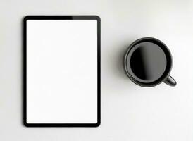 AI Generated Top view of mockup tablet on white surface with coffee cup photo