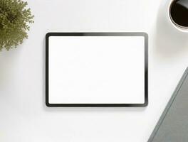 AI Generated Top view of mockup tablet on white surface with coffee cup and plant photo