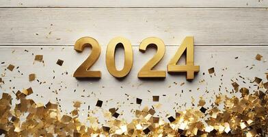 AI generated topview of golden numbers of the year 2024 lying on a white rustic wooden table photo