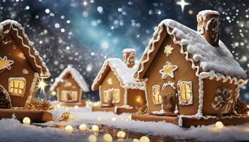 AI Generated Gingerbread houses snowed in in a blue and white winter landscape photo