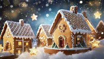 AI Generated Gingerbread houses snowed in in a blue and white winter landscape photo