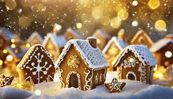 AI Generated Gingerbread houses snowed in in a yellow and white winter landscape photo