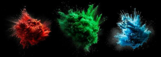 AI generated red green and blue dust explodes against black background, gerenative AI photo