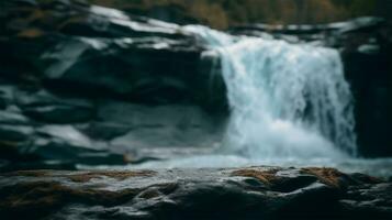 ai generado abierto espacio hecho de Roca en un corriente con cascada para producto presentación y publicidad foto