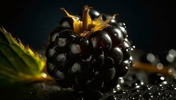 AI generated Close-up of a fruity blackberry with drops of water photo