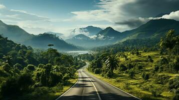 AI generated an asphalt road leads through the middle of a dense and wild green jungle photo