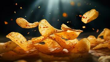 AI generated Potato chips floating in air photo