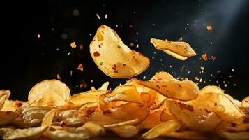 AI generated Potato chips floating in air photo