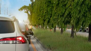 Rear side of white car on the road with turn on brake light. Cars parked in a row, stopped at a traffic light. On the sides. there are grass islands with tall trees in the middle. photo