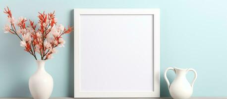 AI generated Empty wooden picture frame mockup hanging on pastel wall background. generative ai. photo