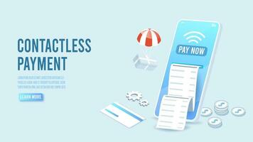 Contactless Payment concept with smartphone cashless payment and mobile phone app for website, mobile application, web banner, info graphics or discount coupons. Vector illustration eps10