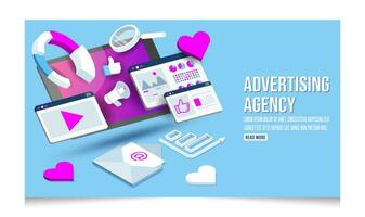 3d conceptual ilustración de publicidad creativo agencia, publicidad agencia trabajo proceso, social medios de comunicación Campaña y digital marketing. vector ilustración eps10