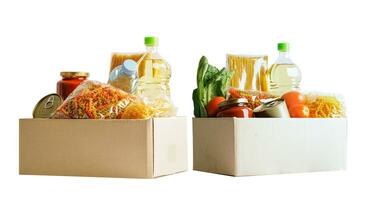 Foodstuffs in donation box isolated on white background for volunteer to help people. photo