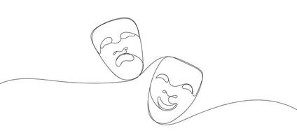 Theater mask tragedy and humor one line continuous line art. Character mask sketch. Smiling face and crying face outline vector illustration isolated on white background