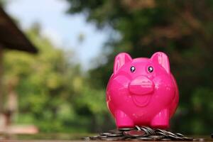 rosado cerdo cerdito banco y moneda apilar en el mesa. foto