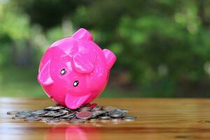 Pink Piggy Bank lies on its back in the pile of coins Thai change. photo