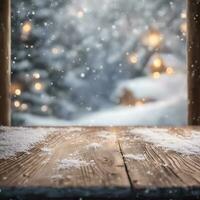 AI generated Counter and empty wooden table suitable for product placement in a winter Christmas atmosphere photo
