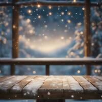 AI generated Counter and empty wooden table suitable for product placement in a winter Christmas atmosphere photo