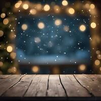 AI generated Counter and empty wooden table suitable for product placement in a winter Christmas atmosphere photo