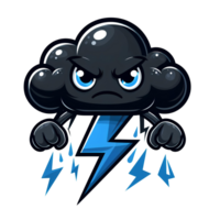 AI generated black cloud cartoon and blue lightning with angry expression png