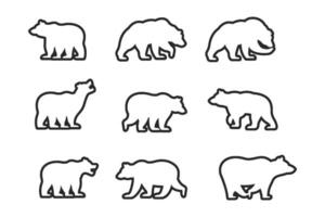 various line art bear silhouettes on the white background, bear icon set vector