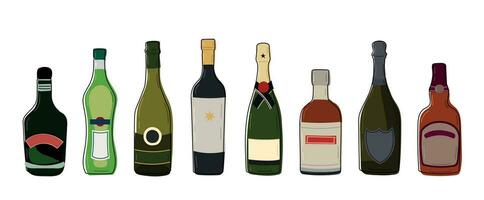 Set of different alcohol drinks and beverages. Flat design style. Vector alcohol bottles whiskey and martini, wine and champagne