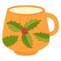 Yellow mug with holly berry. Christmas coffee mug in flat style. vector