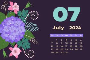 Floral July 2024 calendar template. With bright colorful flowers and leaves. vector
