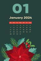 Floral January 2024 calendar template. vector