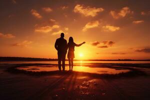 AI generated Silhouette of a man and woman on the beach at sunset, A couple forming a heart shape with their hands at sunset, AI Generated photo