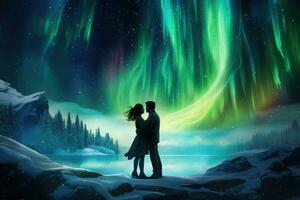 AI generated Silhouette of loving couple in winter landscape with aurora borealis, A couple embracing under the beautiful display of northern lights, AI Generated photo