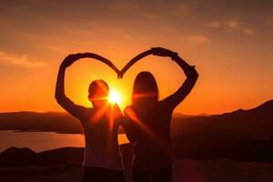 ai generado silueta de joven Pareja haciendo corazón forma con manos a atardecer, un Pareja formando un corazón forma con su manos a atardecer, ai generado foto