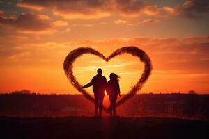 ai generado silueta de un amoroso Pareja participación manos en el forma de un corazón en contra el antecedentes de el ajuste sol, un Pareja formando un corazón forma con su manos a atardecer, ai generado foto