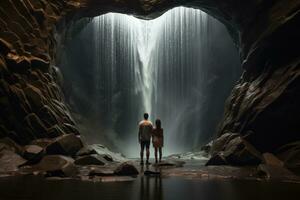 AI generated Couple looking at a waterfall in the cave. 3D rendering, A couple holding hands, walking along a sandy beach during sunrise, AI Generated photo