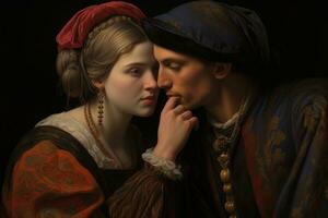 AI generated Portrait of a young couple in medieval clothes. Studio shot, A couple in a renaissance painting sharing a secret whisper, AI Generated photo